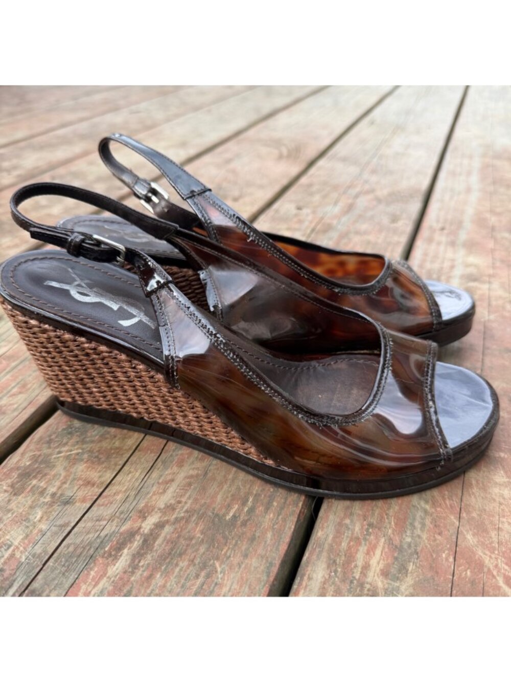 Yves Saint Laurent Brown Patent Leather Wedge Sandals With Adjustable Straps & P - Picture 2 of 9